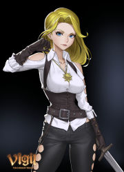 Rule 34 | 1girl, absurdres, bare shoulders, belt, black background, black gloves, black pants, blonde hair, blue eyes, breasts, brown belt, clothing cutout, collarbone, collared shirt, commentary request, contrapposto, corset, cowboy shot, dress shirt, ear piercing, gloves, gradient background, hand up, highres, holding, holding sword, holding weapon, jewelry, large breasts, long hair, looking at viewer, necklace, pants, piercing, shirt, smile, solo, sunkilow, sword, vigil the longest night, weapon, white shirt