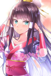 Rule 34 | 10s, 1girl, arm warmers, black hair, blush, collarbone, commentary request, floral print, frilled sleeves, frills, green eyes, hair ornament, hair stick, hair tubes, hands in hair, highres, japanese clothes, kimono, kurosawa dia, light blush, long hair, looking at viewer, love live!, love live! sunshine!!, mole, mole under mouth, my mai tonight, obi, sash, shaka (staito0515), short sleeves, smile, solo, standing, upper body