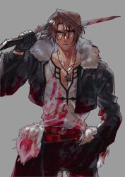Rule 34 | 1boy, belt, black gloves, black jacket, black pants, blood, blood on clothes, bloody weapon, blue eyes, brown hair, closed mouth, collarbone, cowboy shot, final fantasy, final fantasy viii, fur-trimmed jacket, fur trim, gloves, grey background, gunblade, hand up, highres, holding, holding sword, holding weapon, jacket, jewelry, long sleeves, looking at viewer, male focus, multiple belts, necklace, on shoulder, open clothes, open jacket, pants, scar, scar on face, scar on forehead, shio ga, shirt, short hair, solo, squall leonhart, sword, weapon, white shirt