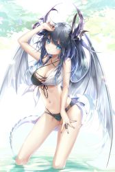 Rule 34 | 1girl, absurdres, amatsuji, arm up, bare arms, bare shoulders, bikini, black bikini, black hair, blue eyes, blue nails, breasts, cleavage, collarbone, commentary request, criss-cross halter, dragon girl, dragon horns, dragon tail, dragon wings, fingernails, halterneck, hand on own head, hand on own thigh, highres, horns, long hair, looking at viewer, medium breasts, nail polish, navel, original, sidelocks, solo, standing, stomach, swimsuit, tail, very long hair, wading, water, wings