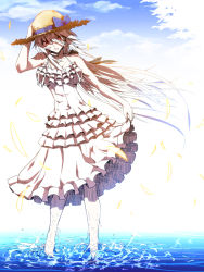 Rule 34 | 1girl, breasts, dress, frilled dress, frills, hand on headwear, hat, highres, jin (mugenjin), large breasts, long hair, pale skin, petals, red eyes, skirt hold, solo, straw hat, very long hair, vocaloid, wading, water, wet, white dress, white hair, wind, yowane haku