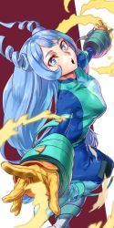 Rule 34 | 1girl, blue eyes, blue hair, bodysuit, boku no hero academia, breasts, commentary request, drill hair, gloves, hadou nejire, hair horns, highres, light blue hair, long hair, open mouth, red background, solo, twin drills, two-tone background, very long hair, white background, yomoyama yotabanashi