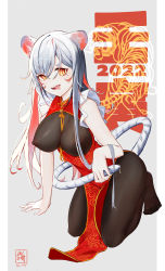 Rule 34 | 1girl, 2022, absurdres, animal ears, black legwear, bodystocking, breasts, china dress, chinese clothes, chinese zodiac, colored inner hair, commentary request, covered erect nipples, dated, dress, fang, grey background, highres, holding own tail, large breasts, long hair, looking at viewer, mole, mole under eye, multicolored hair, new year, ningmeng chai, no shoes, open mouth, orange eyes, original, saliva, seiza, sidelocks, silver hair, simple background, sitting, sleeveless, solo, swept bangs, tail, thighs, tiger ears, tiger tail, tongue, tongue out, year of the tiger