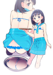 Rule 34 | 1girl, :d, apron, ass, bikini, black footwear, black hair, blue apron, blue bikini, blue scarf, blunt bangs, blush, commentary request, covering own mouth, cropped legs, eniwa shii, flat chest, from behind, hand over own mouth, hand up, highres, holding, holding tray, looking at viewer, looking back, medium hair, micro bikini, mole, mole under eye, navel, open mouth, pearl thong, pussy, pussy peek, reflection, scarf, shoulder blades, simple background, smile, solo, squatting, super cub, swimsuit, tareme, tray, ukokkei, upper body, white background