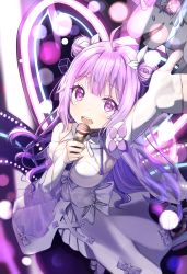 Rule 34 | 1girl, :d, absurdres, arm up, azur lane, bare shoulders, commentary, detached sleeves, double bun, dress, from above, ha en, hair bun, hair ribbon, highres, holding, holding microphone, long hair, looking at viewer, looking up, microphone, music, open mouth, pleated skirt, purple eyes, purple hair, ribbon, singing, skirt, smile, solo, unicorn (angelic night) (azur lane), unicorn (azur lane), white dress, white legwear, white skirt, winged unicorn