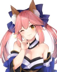 Rule 34 | 1girl, :3, animal ear fluff, animal ears, bare shoulders, blue bow, bow, breasts, cleavage, closed mouth, detached collar, fate/extra, fate (series), fox ears, fox shadow puppet, hair bow, hand up, highres, japanese clothes, long hair, medium breasts, nekonomimi, one eye closed, pink hair, simple background, smile, solo, star (symbol), tamamo (fate), tamamo no mae (fate/extra), twintails, upper body, white background