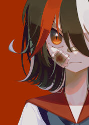 Rule 34 | absurdres, bandage on face, bandages, bandaid, bandaid on face, bandaid on nose, black hair, blue neckerchief, commentary request, highres, kijin seija, looking at viewer, medium hair, multicolored hair, nanashi nasi, neckerchief, red background, red eyes, red hair, sailor collar, shirt, streaked hair, touhou, upper body, white hair, white shirt