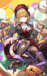 Rule 34 | 1girl, absurdres, animal ears, bag, black jacket, black pantyhose, black ribbon, blonde hair, breasts, brown thighhighs, cake, cat ears, cat tail, cleavage, dress, eating, final fantasy, final fantasy xiv, food, food on body, food on breasts, food on face, fork, frilled sleeves, frills, full body, green eyes, hair ribbon, handbag, highres, holding, holding fork, holding plate, ice cream cone, jacket, jewelry, light blush, medium breasts, miqo&#039;te, necklace, no shoes, one eye closed, oversized food, oversized object, panties, panty peek, pantyhose, plate, pleated skirt, pumpkin, purple ribbon, red dress, red headdress, ribbon, sample watermark, short hair, skirt, soles, solo, strapless, strapless dress, tail, thighhighs, tongue, tongue out, underwear, warrior of light (ff14), watermark, white panties, xun li eins