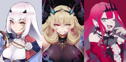 Rule 34 | 3girls, absurdres, baobhan sith (fate), baobhan sith (first ascension) (fate), bare shoulders, barghest (fate), barghest (second ascension) (fate), black dress, blonde hair, blue dress, blue eyes, breasts, brown eyes, center frills, chain, circlet, clenched teeth, commentary request, detached collar, detached sleeves, dress, earrings, fate/grand order, fate (series), forked eyebrows, frills, grey eyes, heterochromia, highres, horns, jewelry, kubomi 943, large breasts, long hair, long sleeves, looking at viewer, medium breasts, melusine (fate), melusine (second ascension) (fate), multiple girls, nail polish, one eye closed, open mouth, pink hair, pointy ears, red dress, red eyes, sideboob, sidelocks, small breasts, smile, teeth, white hair