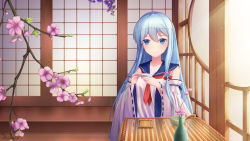 Rule 34 | 1girl, absurdres, architecture, artist name, blue eyes, blue hair, branch, cup, dated, detached sleeves, dress, east asian architecture, flower, hair between eyes, hair flower, hair ornament, highres, holding, holding cup, indoors, light rays, long hair, looking at viewer, remodel (warship girls r), sailor collar, sailor dress, shirayuki (warship girls r), shirt, signature, smile, snow (676528662), solo, sunbeam, sunlight, table, upper body, warship girls r, white shirt, wide sleeves