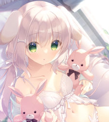 Rule 34 | 1girl, :o, animal ears, babydoll, bare shoulders, bone hair ornament, breasts, cartoon bone, collarbone, commentary request, curtains, day, dog ears, dutch angle, green eyes, grey hair, hair ornament, indoors, long hair, long sleeves, looking at viewer, low twintails, navel, hugging object, off shoulder, open clothes, original, panties, parted lips, sleeves past wrists, small breasts, solo, stuffed animal, stuffed rabbit, stuffed toy, sunlight, twintails, underwear, underwear only, very long hair, white panties, window, yukie (peach candy)