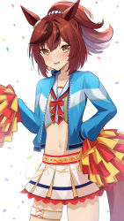 Rule 34 | 1girl, absurdres, animal ears, bandeau, belt, blue jacket, brown eyes, cheerleader, commentary, confetti, cowboy shot, ear ornament, highres, horse ears, horse girl, horse tail, jacket, jyujo niton, midriff, multicolored hair, navel, nice nature (run&amp;win) (umamusume), nice nature (umamusume), official alternate hairstyle, official art, open clothes, open jacket, open mouth, pom pom (cheerleading), ponytail, simple background, skirt, solo, streaked hair, tail, thigh strap, umamusume, white background, white bandeau, white skirt, yellow belt