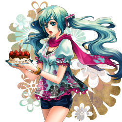 Rule 34 | aqua eyes, bad id, bad pixiv id, bracelet, cake, candle, food, fruit, hatsune miku, highres, jewelry, jeya, long hair, necklace, open mouth, scarf, solo, strawberry, twintails, very long hair, vocaloid