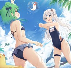 Rule 34 | 1other, 2girls, :d, ahoge, arm up, ass, bad id, bad pixiv id, bare arms, bare shoulders, baseball cap, beach, beach volleyball, bikini, bird, black bikini, black ribbon, bloop (gawr gura), blue bikini, blue bow, blue eyes, blue hair, blue one-piece swimsuit, blue sky, blunt bangs, blush, bow, breasts, bug, butterfly, chintora0201, clothes writing, cloud, collarbone, commentary, covered navel, cowboy shot, day, double bun, duck innertube, dutch angle, earrings, fins, fish tail, frilled bikini, frills, from behind, gawr gura, green hair, grey hair, hair bow, hair bun, hair ornament, hair ribbon, hands up, hat, highres, hololive, hololive english, hoodie, in bubble, innertube, insect, jewelry, long hair, multicolored clothes, multicolored hair, multicolored hoodie, multicolored one-piece swimsuit, multicolored swimsuit, multiple girls, navel, one-piece swimsuit, open mouth, outdoors, palm tree, patreon username, plant, playing sports, ribbon, shark girl, shark hair ornament, shark tail, sharp teeth, short hair, side-tie bikini bottom, skull, skull earrings, sky, small breasts, smile, standing, streaked hair, swim ring, swimsuit, swimsuit writing, tail, teeth, transparent innertube, tree, two side up, upper teeth only, uruha rushia, virtual youtuber, volleyball, water, water drop, yellow innertube