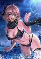 Rule 34 | 1girl, absurdres, ahoge, bare shoulders, bikini, black bikini, black bow, black gloves, black scarf, blonde hair, blush, bow, breasts, cleavage, elbow gloves, fate/grand order, fate (series), gloves, hair bow, half updo, highleg, highleg bikini, highres, large breasts, looking at viewer, multi-strapped bikini, night, night sky, ocean, okita j. souji (fate), okita j. souji (first ascension) (fate), okita souji (fate), open mouth, scarf, short hair, single glove, sky, smile, solo, suishougensou, swimsuit, thigh strap, thighs, wading, wet, wristband, yellow eyes