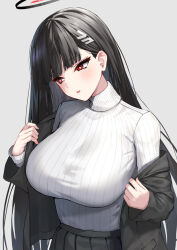 Rule 34 | 1girl, black hair, black skirt, blue archive, blunt bangs, blush, breasts, grey background, hair ornament, hairclip, halo, jacket, large breasts, long hair, long sleeves, looking away, parted lips, pensuke, pleated skirt, red eyes, rio (blue archive), skirt, solo, sweater, turtleneck, turtleneck sweater, very long hair, white sweater