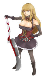 Rule 34 | 1girl, bare shoulders, belt, black pantyhose, boots, breasts, brown eyes, brown hair, cleavage, elbow gloves, full body, gloves, hamushima, large breasts, looking at viewer, magical grim, original, pantyhose, razor, simple background, skirt, smile, solo, straight razor, sword, weapon, white background