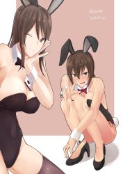 Rule 34 | 10s, 2girls, absurdres, animal ears, black bow, black bowtie, black legwear, black leotard, bow, bowtie, breasts, brown eyes, brown hair, cleavage, cowboy shot, detached collar, fake animal ears, full body, girls und panzer, highres, irukatto, leotard, long hair, looking at viewer, medium breasts, mika (girls und panzer), multiple girls, nishizumi maho, playboy bunny, rabbit ears, rabbit tail, red bow, red bowtie, short hair, squatting, strapless, strapless leotard, tail, thighhighs, wrist cuffs