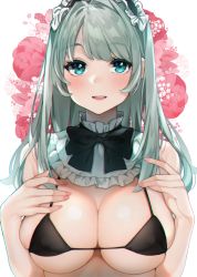 Rule 34 | 1girl, bad id, bad pixiv id, bare arms, bare shoulders, bikini, black bikini, blue eyes, bow, bowtie, breasts, cleavage, detached collar, floral background, flower, frills, grey hair, hair intakes, hands up, highres, large breasts, long hair, looking at viewer, maid, maid bikini, maid headdress, open mouth, original, pink flower, sakura no tomoru hi e, skindentation, smile, solo, string bikini, swimsuit, unconventional maid, upper body, white background