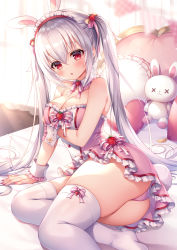 Rule 34 | 1girl, animal ears, arm support, bed, bed sheet, blush, bow, breasts, commentary request, crossed bangs, curtains, detached collar, dress, fake animal ears, frilled dress, frills, hair between eyes, heart, heart-shaped pillow, indoors, leotard, looking at viewer, lying, maid headdress, medium breasts, mitsuba choco, nail polish, on side, open mouth, original, panties, pillow, pink dress, pink panties, playboy bunny, rabbit ears, rabbit tail, red eyes, silver hair, solo, stuffed animal, stuffed rabbit, stuffed toy, tail, thighhighs, underwear, white thighhighs, wrist cuffs