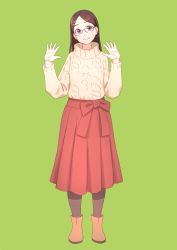 Rule 34 | 10s, 1girl, brown hair, brown pantyhose, closed mouth, commentary request, copyright request, full body, glasses, green background, hands up, head tilt, highres, long hair, looking at viewer, pantyhose, pleated skirt, purple eyes, red skirt, saitou kaede (yama no susume), simple background, skirt, smile, solo, sweater, yama no susume, yellow sweater, yuuji (and)