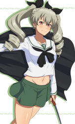 Rule 34 | 1girl, absurdres, ada badguy, anchovy (girls und panzer), blush, breasts, cape, closed mouth, collarbone, drill hair, girls und panzer, green hair, green skirt, hair ribbon, highres, looking at viewer, midriff, miniskirt, navel, ooarai school uniform, pleated skirt, red eyes, ribbon, school uniform, skirt, small breasts, solo, twin drills, twintails