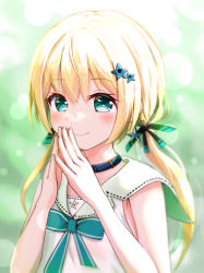 Rule 34 | 1girl, absurdres, blonde hair, blush, closed mouth, fingers together, green eyes, green neckwear, hair ornament, highres, looking at viewer, ontake2009, shinengumi, sleeveless, smile, solo, star (symbol), star hair ornament, suzukaze shitora, twintails, upper body, virtual youtuber