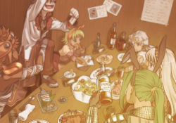 Rule 34 | 3boys, 3girls, acolyte (ragnarok online), alcohol, armor, assassin (ragnarok online), bandages, bar (place), black coat, bow hairband, bread, brown dress, brown footwear, brown gloves, brown hair, brown pants, capelet, cheese, chopsticks, closed mouth, coat, commentary request, crab, crown, cup, dark-skinned male, dark skin, dress, eating, egg (food), fish, food, fork, fruit, glass, gloves, goggles, goggles on head, green eyes, green hair, hairband, hardboiled egg, high priest (ragnarok online), holding, holding food, ice cream, indoors, knight (ragnarok online), long hair, long sleeves, looking at another, looking to the side, multiple boys, multiple girls, napkin, on chair, onigiri, open mouth, pants, pauldrons, plate, ponytail, priest (ragnarok online), purple hair, ragnarok online, red shirt, salad, shirt, short hair, shoulder armor, sitting, sniper (ragnarok online), soup, spoon, standing, standing on chair, strawberry, susukinohukurou, table, two-tone shirt, wasabi, white capelet, white hair, white shirt, yakitori