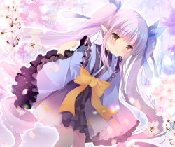 Rule 34 | 1girl, blue kimono, blue ribbon, blush, bow, brown eyes, closed mouth, commentary request, dutch angle, feet out of frame, flower, hair ribbon, hand up, japanese clothes, kimono, kyoka (princess connect!), long hair, long sleeves, looking at viewer, petals, pink flower, princess connect!, purple hair, ribbon, ribbon trim, shirogane hina, sitting, smile, solo, split mouth, twintails, very long hair, wide sleeves, yellow bow