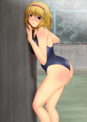 Rule 34 | 1girl, absurdres, against wall, alice margatroid, ass, bare arms, bare legs, bare shoulders, blonde hair, blue eyes, blue one-piece swimsuit, blurry, blurry background, blush, breast press, breasts, grass, highres, legs, looking at viewer, medium breasts, medium hair, one-piece swimsuit, outdoors, parted lips, solo, standing, sweat, swimsuit, thighs, touhou, wedgie, yadokari genpachirou