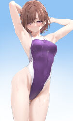 Rule 34 | 1girl, arm up, armpits, arms behind head, arms up, blue sky, breasts, closed mouth, collarbone, commentary request, competition swimsuit, cowboy shot, day, highleg, highleg swimsuit, highres, higuchi madoka, idolmaster, idolmaster shiny colors, looking at viewer, medium breasts, mole, mole under eye, one-piece swimsuit, parted bangs, purple eyes, purple one-piece swimsuit, red hair, short hair, sky, solo, swimsuit, thighs, wet, wet clothes, wet swimsuit, yd (orange maru)