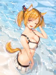 Rule 34 | 1girl, absurdres, animal ears, arknights, ass, bad id, bad pixiv id, beach, bikini, bikini skirt, bow, breasts, butt crack, cleavage, collarbone, day, eyyy, fang, fox ears, fox tail, hair bow, hand in own hair, highres, looking at viewer, medium breasts, medium hair, midriff, mistletoe, ocean, official alternate costume, one eye closed, open mouth, orange hair, outdoors, parted bangs, red eyes, smile, solo, sora (arknights), sora (summer flowers) (arknights), swimsuit, tail, twintails, twisted torso, wading, white bikini, wolf ears, wolf tail