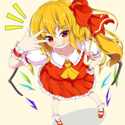 Rule 34 | 1girl, ascot, beige background, blonde hair, blush, bobby socks, bow, collarbone, commentary request, crystal, eyelashes, eyes visible through hair, flandre scarlet, foreshortening, frilled cuffs, frilled shirt collar, frilled skirt, frills, from above, full body, hair between eyes, hair bow, hand on own hip, inward v, looking at viewer, mary janes, medium hair, no headwear, notice lines, parted lips, perspective, pigeon-toed, puffy short sleeves, puffy sleeves, red bow, red eyes, red footwear, red skirt, red vest, shoes, short sleeves, simple background, skirt, skirt set, smile, socks, solo, standing, teeth, touhou, v-shaped eyebrows, vest, wings, yellow ascot, yuimari