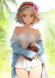 Rule 34 | 1girl, alice margatroid, backlighting, bare shoulders, blonde hair, blue eyes, blue jacket, book, breasts, casual one-piece swimsuit, collarbone, cowboy shot, curly hair, day, dot nose, fingernails, flower, frilled hairband, frills, grimoire of alice, hair flower, hair ornament, hairband, halterneck, hibiscus, highres, holding, holding book, hood, hooded jacket, hoodie, horizon, jacket, light brown hair, lolita hairband, long sleeves, looking at viewer, matsuda (matsukichi), nail polish, ocean, off shoulder, one-piece swimsuit, open clothes, open hoodie, open jacket, outdoors, palm tree, parted lips, short hair, sleeves past wrists, small breasts, smile, solo, swept bangs, swimsuit, thighs, touhou, tree, white one-piece swimsuit