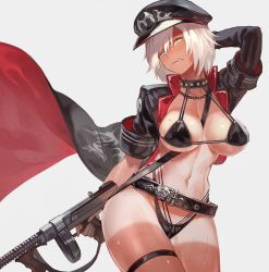 Rule 34 | 1girl, belt, between breasts, bikini, black bikini, blush, breasts, chain, choker, clenched teeth, coat, commentary request, cowboy shot, drum magazine, fate/grand order, fate (series), finger on trigger, grey background, gun, gun sling, hat, highres, jeanne d&#039;arc (fate), jeanne d&#039;arc alter (avenger) (fate), jeanne d&#039;arc alter (fate), lack, large breasts, legs together, long coat, looking at viewer, magazine (weapon), military hat, navel, one-piece tan, parted lips, shiny skin, short hair, short sleeves, silver hair, simple background, solo, standing, submachine gun, sweat, swimsuit, tan, tanline, teeth, thigh strap, thompson submachine gun, weapon, yellow eyes, zipper