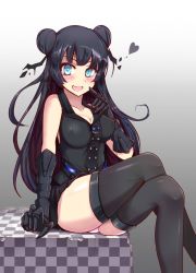 Rule 34 | 10s, 1girl, abyssal ship, bare shoulders, black hair, blue eyes, blush, breasts, commentary request, covered erect nipples, crack, cracked floor, double bun, finger to cheek, gauntlets, glowing, glowing eyes, hair bun, headdress, heart, highres, kantai collection, kihou no gotoku dmc, large breasts, light cruiser oni, nipples, panties, pink panties, sailor collar, sidelocks, sitting, skirt, smile, solo, thighhighs, underwear