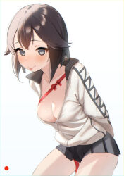 Rule 34 | 1girl, :p, arms behind back, black hair, black skirt, blue eyes, blush, bow, breasts, cleavage, collared jacket, color guide, hayasui (kancolle), jacket, kantai collection, leaning forward, medium breasts, miniskirt, naughty face, no bra, partially unzipped, pleated skirt, red bow, red ribbon, ribbon, sakieko, simple background, skirt, smile, solo, thighs, tongue, tongue out, white background, white jacket, zipper
