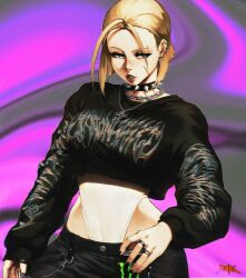 Rule 34 | absurdres, alternate costume, black nails, blonde hair, cammy white, can, choker, cross, cross necklace, drink can, earrings, goth fashion, highres, jewelry, leotard, long sleeves, looking to the side, midriff, necklace, short hair, soda can, spiked choker, spikes, spunkyramaz, street fighter, street fighter 6
