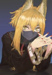 Rule 34 | 1girl, animal ears, blonde hair, commentary request, fox ears, frilled sleeves, frills, highres, interlocked fingers, mouth veil, nail polish, nito (nshtntr), original, red nails, see-through, short hair with long locks, slit pupils, smile, solo, thick eyebrows, upper body, veil, yellow eyes