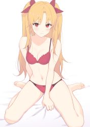 Rule 34 | 1girl, bare shoulders, bed sheet, blonde hair, blush, bow, bow bra, bow panties, bra, breasts, check commentary, cleavage, collarbone, commentary request, ereshkigal (fate), fate/grand order, fate (series), hair ribbon, highres, long hair, looking at viewer, medium breasts, navel, panties, parted bangs, red bra, red eyes, red panties, ribbon, sheet grab, sitting, solo, thighs, toriumi (by), two side up, underwear, wariza