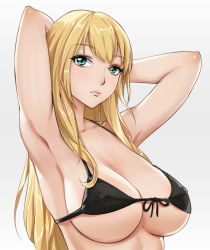 Rule 34 | 1girl, armpits, arms up, bikini, black bikini, blonde hair, breasts, cleavage, closed mouth, expressionless, front-tie bikini top, front-tie top, green eyes, grey background, highres, large breasts, long hair, looking at viewer, obaoba (monkeyix), original, simple background, solo, swimsuit, upper body