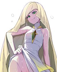 Rule 34 | 10s, 1girl, bare arms, blonde hair, bottomless, closed mouth, clothes lift, collarbone, covered erect nipples, creatures (company), crystal, dress, dress lift, empty eyes, female pubic hair, flat chest, game freak, gem, green eyes, green gemstone, groin, hand on own hip, long hair, looking at viewer, looking down, lusamine (pokemon), mature female, nintendo, no panties, out-of-frame censoring, pokemon, pokemon sm, pubic hair, pubic hair peek, sleeveless, smile, solo, sweat, very long hair, waero, wet, white background, white dress