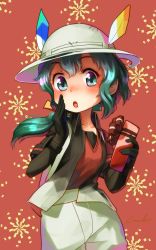 Rule 34 | 1girl, black hair, blue eyes, candy, chocolate, chocolate heart, collarbone, commentary request, elbow gloves, food, gloves, green hair, hair tie, hat feather, heart, helmet, highres, jacket, kaban (kemono friends), kemono friends, long hair, multicolored hair, pith helmet, ponytail, short sleeves, shorts, solo, spoilers, watch, welt (kinsei koutenkyoku), wristwatch
