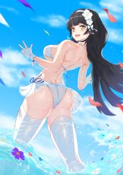 Rule 34 | 1girl, :d, absurdres, ass, bad id, bad pixiv id, bikini, black hair, breasts, fingerless gloves, girls&#039; frontline, gloves, greem bang, headband, highres, large breasts, official alternate costume, open mouth, smile, solo, swimsuit, thighhighs, type 95 (girls&#039; frontline), type 95 (summer cicada) (girls&#039; frontline), white bikini, white thighhighs, yellow eyes