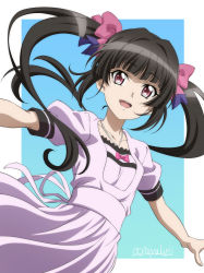 Rule 34 | 1girl, :d, black hair, blue background, blunt bangs, border, bow, collarbone, dress, floating hair, hair bow, highres, long hair, miyabi mt-b, open mouth, outside border, outstretched arms, pink bow, pink dress, pink eyes, senki zesshou symphogear, short sleeves, smile, solo, sundress, tsukuyomi shirabe, twintails, twitter username, very long hair, white border