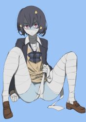 Rule 34 | 10s, 1girl, bandaged head, bandages, black hair, blue background, blue skin, blush, bow, brown cardigan, cardigan, colored skin, embarrassed, flower, hair flower, hair ornament, highres, jacket, mizuno ai, monster girl, onsen tamago (hs egg), partially visible vulva, plaid, plaid bow, pleated shirt, pussy, pussy peek, red eyes, short hair, simple background, zombie, zombie land saga