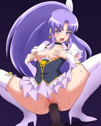 Rule 34 | 10s, 1girl, anal, blush, boots, breasts, breasts out, censored, choker, cure fortune, dildo, earrings, happinesscharge precure!, hikawa iona, jewelry, legs, long hair, nipples, no bra, no panties, open mouth, precure, purple eyes, purple hair, pussy, sex, sex toy, simple background, skirt, small breasts, solo, suigin cigarette, sweat, thigh boots, thighhighs, thighs