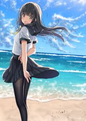 Rule 34 | 1girl, :d, arm behind back, beach, black hair, black pantyhose, black sailor collar, black skirt, blue sky, blush, bottle, brown eyes, cloud, cloudy sky, commentary request, day, dutch angle, gurande (g-size), highres, horizon, long hair, looking at viewer, looking to the side, ocean, open mouth, original, outdoors, pantyhose, pleated skirt, sailor collar, sand, school uniform, serafuku, shirt, short sleeves, skirt, sky, smile, solo, standing, very long hair, water bottle, white shirt