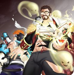 Rule 34 | 2boys, abs, absurdres, age difference, bara, beard, black-framed eyewear, black pants, blood, blood on face, book, bulge, facial hair, feet out of frame, fighting stance, floating, floating object, fresuke sanc, ghost, glasses, gyee, highres, huge filesize, jacket, jacket on shoulders, magic, male focus, male underwear, male underwear peek, mature male, midriff, multiple boys, muscular, muscular male, navel, navel hair, open book, orange hair, pants, shirt, short hair, sleeveless, stomach, thick thighs, thighs, tight clothes, tight pants, torn clothes, torn pants, torn shirt, turing (gyee), underwear, vundo (gyee)
