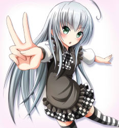 Rule 34 | 1girl, ahoge, blue eyes, checkered clothes, checkered skirt, green eyes, haiyore! nyaruko-san, long hair, nyarlathotep (nyaruko-san), ok-ray, outstretched arms, silver hair, skirt, solo, striped clothes, striped thighhighs, thighhighs, v